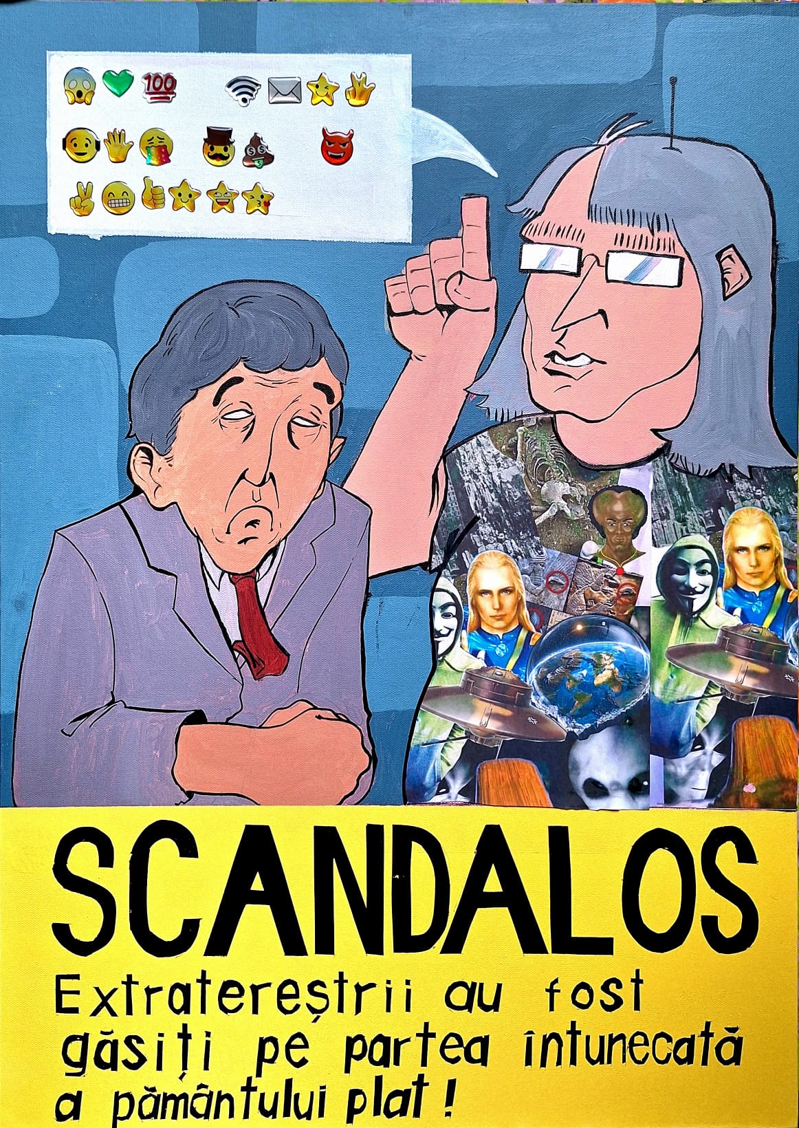 painting of a man pointing a finger up with a conspiracy theory collage shirt, and a man with a very tired face wearing a suit next to him,  set in a newsroom, text below says in romanian "SCANDALOS - aliens have been found on the dark side of the flat earth!!!"